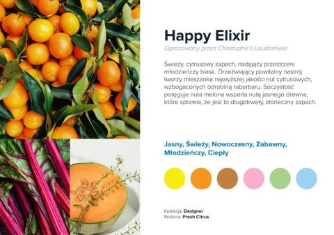 Nuty zapachowe Happy Elixir: limonka, cytrusy, nuty kwiatowe. Działanie pobudzające.