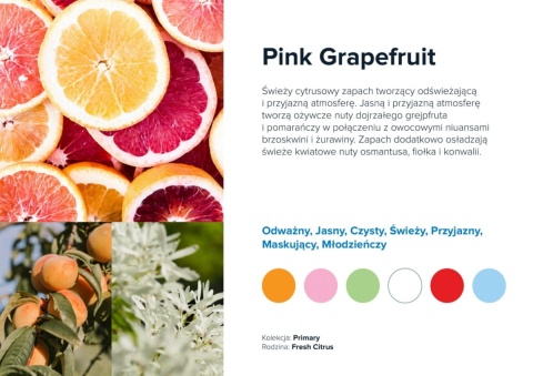 Nuty zapachowe Pink Grapefruit: grejpfrut, cytrusy, słodycz owocowa. Działanie orzeźwiające.