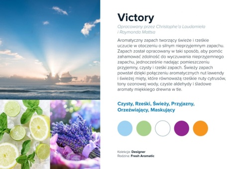 Nuty zapachowe Victory: nuty morskie, drewno, cytrusy. Zapach męski i dynamiczny.