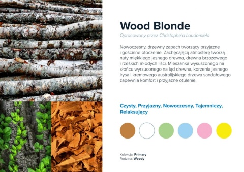 Nuty zapachowe Wood Blonde: cedr, brzoza, cytrusy. Zapach nowoczesny i minimalistyczny.